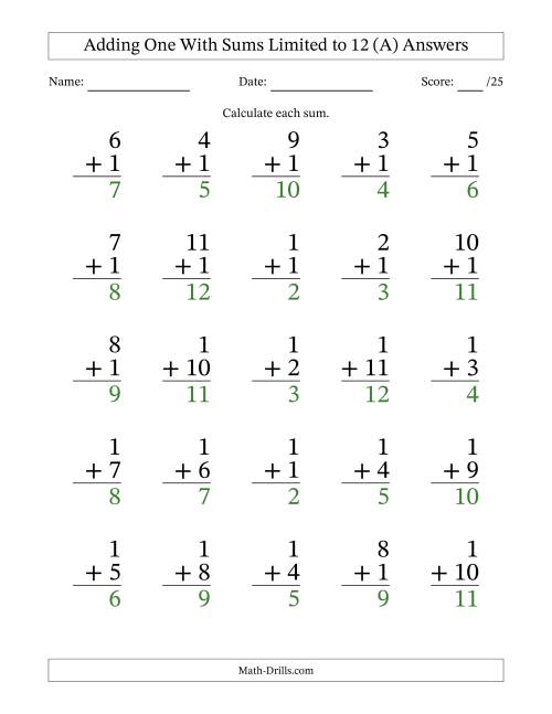 The 25 Vertical Adding 1's Questions with Sums up to 12 (A) Math Worksheet Page 2