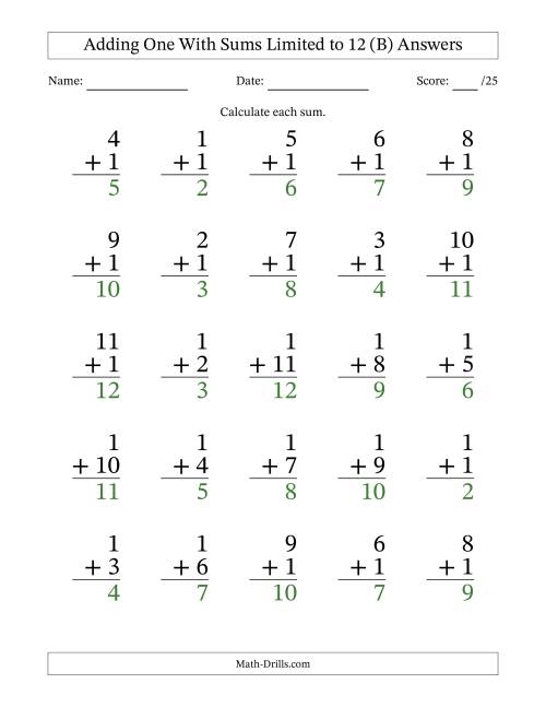 The Adding One to Single-Digit Numbers With Sums Limited to 12 – 25 Large Print Questions (B) Math Worksheet Page 2