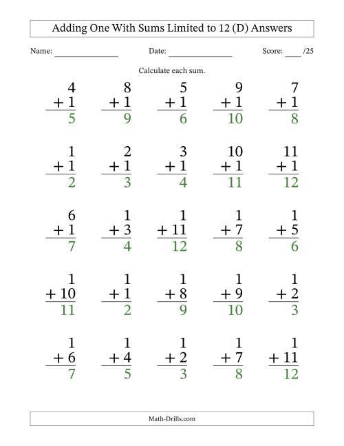 The Adding One to Single-Digit Numbers With Sums Limited to 12 – 25 Large Print Questions (D) Math Worksheet Page 2