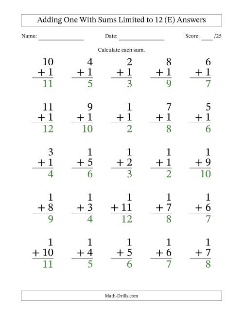 The Adding One to Single-Digit Numbers With Sums Limited to 12 – 25 Large Print Questions (E) Math Worksheet Page 2
