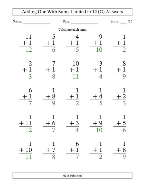 The Adding One to Single-Digit Numbers With Sums Limited to 12 – 25 Large Print Questions (G) Math Worksheet Page 2