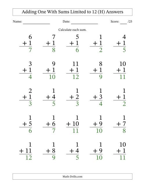 The Adding One to Single-Digit Numbers With Sums Limited to 12 – 25 Large Print Questions (H) Math Worksheet Page 2