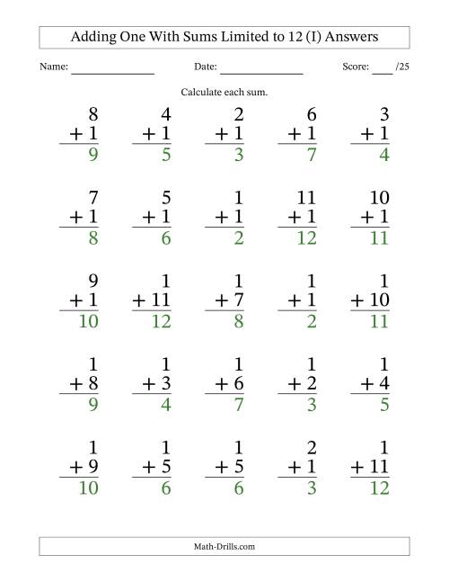 The Adding One to Single-Digit Numbers With Sums Limited to 12 – 25 Large Print Questions (I) Math Worksheet Page 2