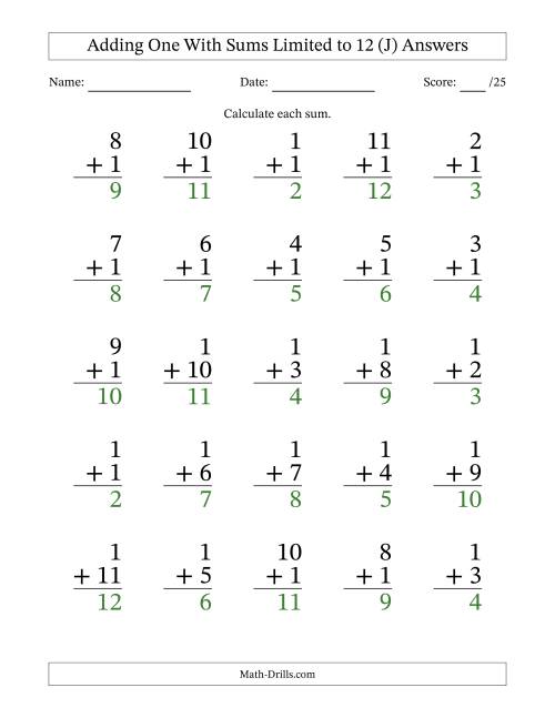 The Adding One to Single-Digit Numbers With Sums Limited to 12 – 25 Large Print Questions (J) Math Worksheet Page 2