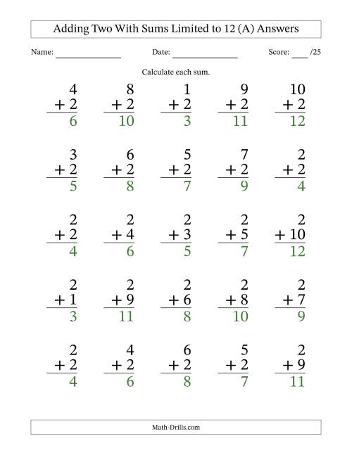 The 25 Vertical Adding 2's Questions with Sums up to 12 (A) Math Worksheet Page 2