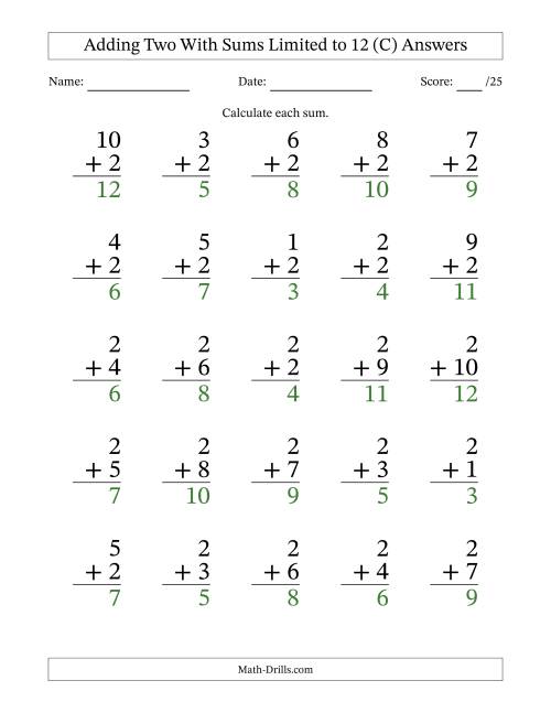 The Adding Two to Single-Digit Numbers With Sums Limited to 12 – 25 Large Print Questions (C) Math Worksheet Page 2