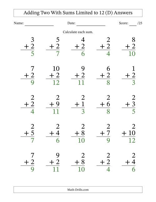 The Adding Two to Single-Digit Numbers With Sums Limited to 12 – 25 Large Print Questions (D) Math Worksheet Page 2