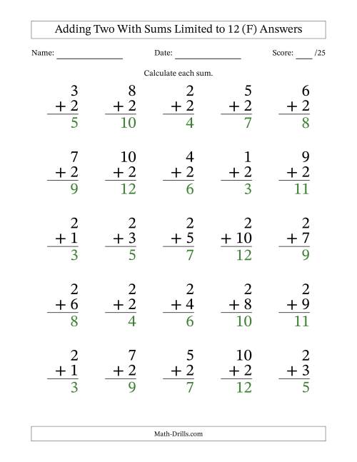 The Adding Two to Single-Digit Numbers With Sums Limited to 12 – 25 Large Print Questions (F) Math Worksheet Page 2