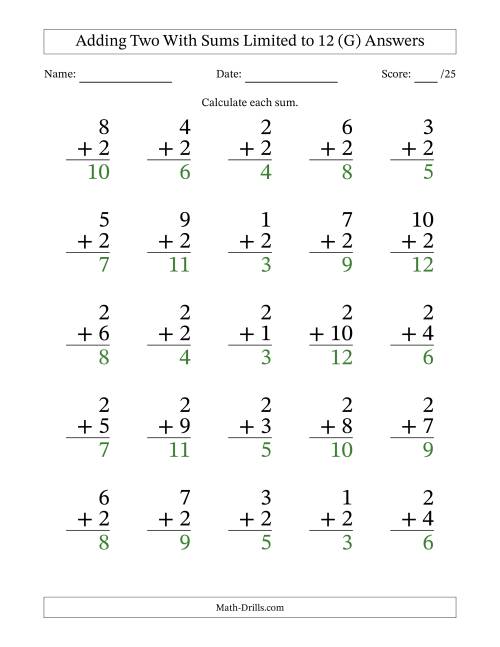 The Adding Two to Single-Digit Numbers With Sums Limited to 12 – 25 Large Print Questions (G) Math Worksheet Page 2