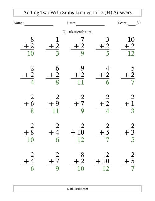 The Adding Two to Single-Digit Numbers With Sums Limited to 12 – 25 Large Print Questions (H) Math Worksheet Page 2