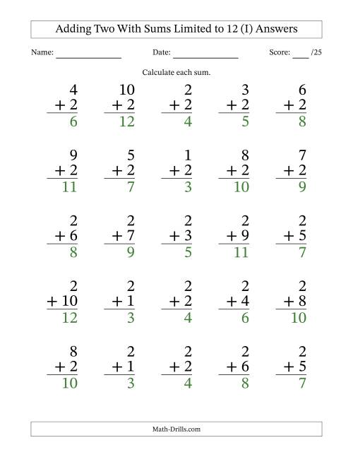The Adding Two to Single-Digit Numbers With Sums Limited to 12 – 25 Large Print Questions (I) Math Worksheet Page 2