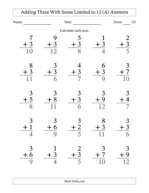 The 25 Vertical Adding 3's Questions with Sums up to 12 (A) Math Worksheet Page 2