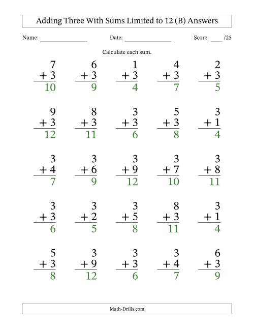 The Adding Three to Single-Digit Numbers With Sums Limited to 12 – 25 Large Print Questions (B) Math Worksheet Page 2