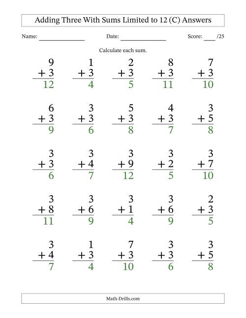 The Adding Three to Single-Digit Numbers With Sums Limited to 12 – 25 Large Print Questions (C) Math Worksheet Page 2