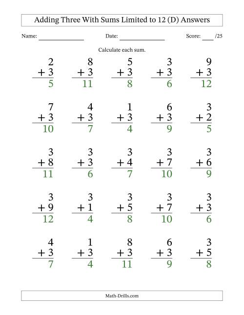 The Adding Three to Single-Digit Numbers With Sums Limited to 12 – 25 Large Print Questions (D) Math Worksheet Page 2