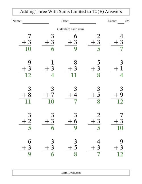 The Adding Three to Single-Digit Numbers With Sums Limited to 12 – 25 Large Print Questions (E) Math Worksheet Page 2