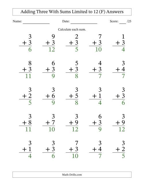 The Adding Three to Single-Digit Numbers With Sums Limited to 12 – 25 Large Print Questions (F) Math Worksheet Page 2