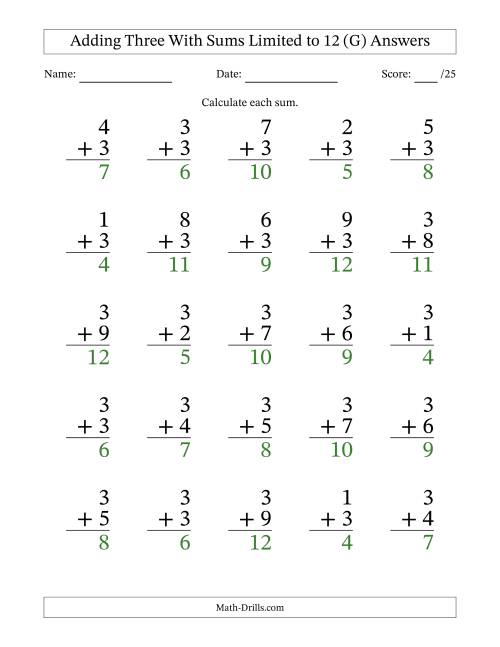 The Adding Three to Single-Digit Numbers With Sums Limited to 12 – 25 Large Print Questions (G) Math Worksheet Page 2