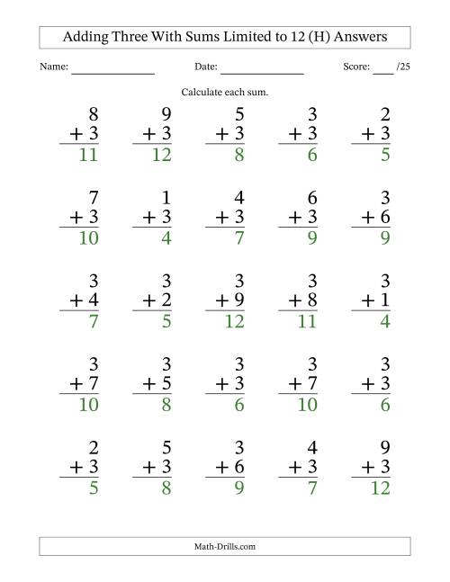 The Adding Three to Single-Digit Numbers With Sums Limited to 12 – 25 Large Print Questions (H) Math Worksheet Page 2