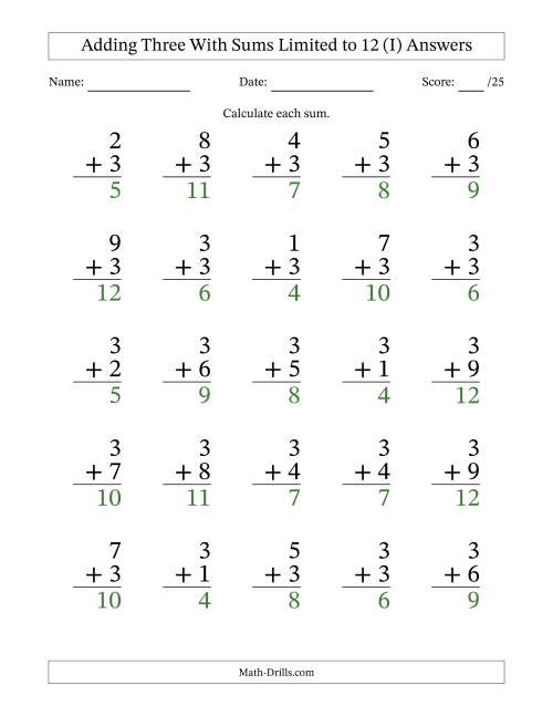 The Adding Three to Single-Digit Numbers With Sums Limited to 12 – 25 Large Print Questions (I) Math Worksheet Page 2
