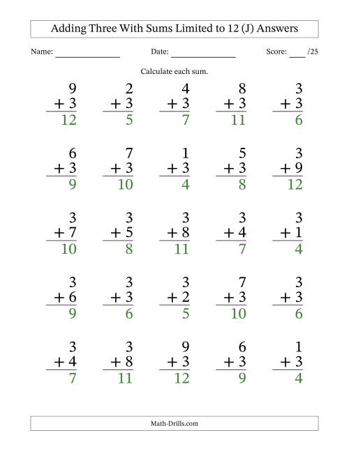 The Adding Three to Single-Digit Numbers With Sums Limited to 12 – 25 Large Print Questions (J) Math Worksheet Page 2
