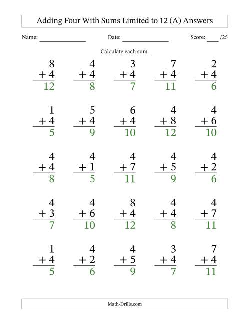 The 25 Vertical Adding 4's Questions with Sums up to 12 (A) Math Worksheet Page 2