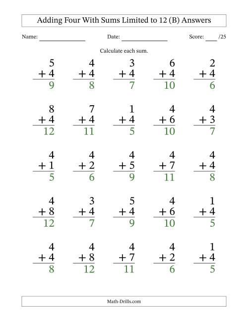 The Adding Four to Single-Digit Numbers With Sums Limited to 12 – 25 Large Print Questions (B) Math Worksheet Page 2