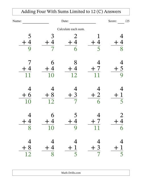 The Adding Four to Single-Digit Numbers With Sums Limited to 12 – 25 Large Print Questions (C) Math Worksheet Page 2