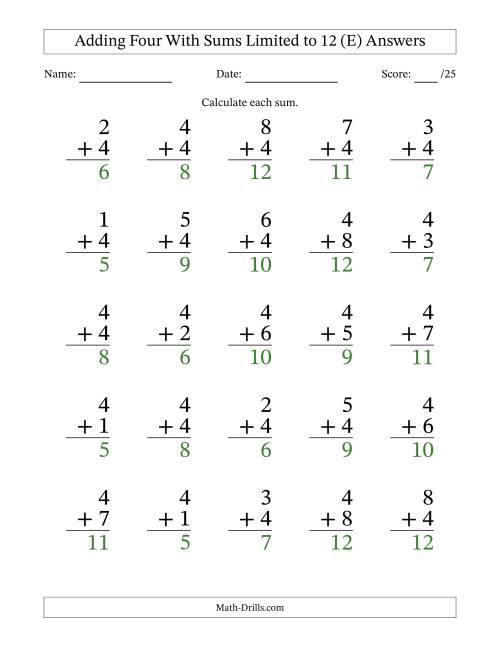 The Adding Four to Single-Digit Numbers With Sums Limited to 12 – 25 Large Print Questions (E) Math Worksheet Page 2