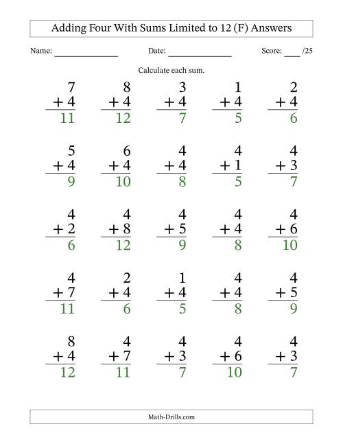 The Adding Four to Single-Digit Numbers With Sums Limited to 12 – 25 Large Print Questions (F) Math Worksheet Page 2