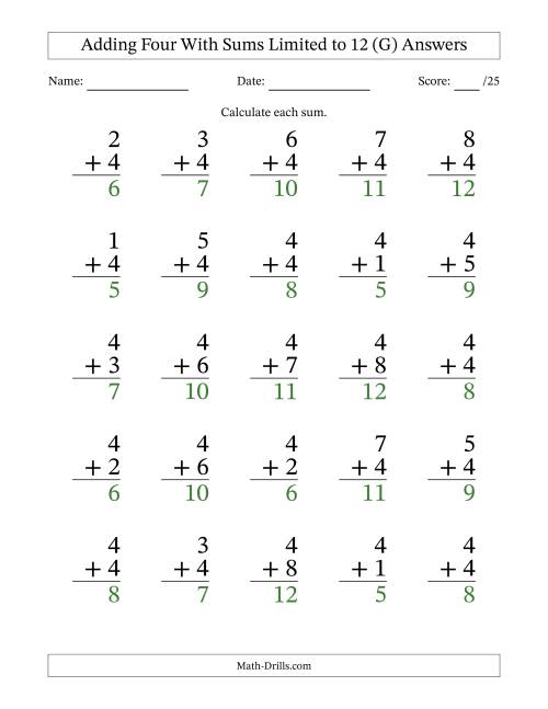 The Adding Four to Single-Digit Numbers With Sums Limited to 12 – 25 Large Print Questions (G) Math Worksheet Page 2