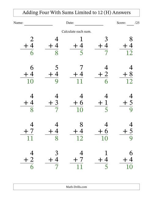 The Adding Four to Single-Digit Numbers With Sums Limited to 12 – 25 Large Print Questions (H) Math Worksheet Page 2