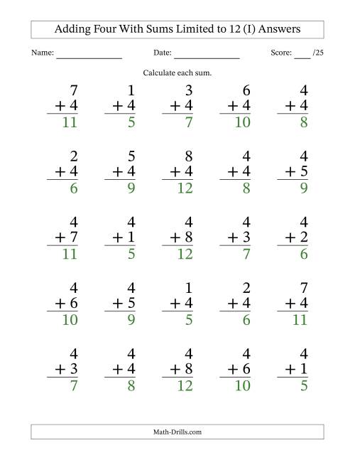 The Adding Four to Single-Digit Numbers With Sums Limited to 12 – 25 Large Print Questions (I) Math Worksheet Page 2