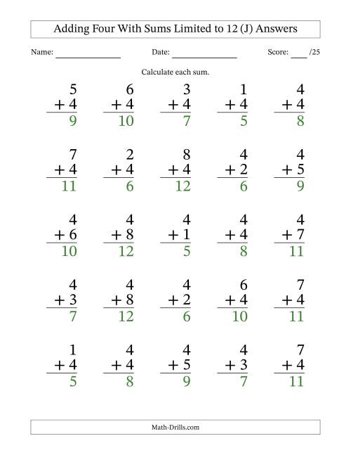 The Adding Four to Single-Digit Numbers With Sums Limited to 12 – 25 Large Print Questions (J) Math Worksheet Page 2