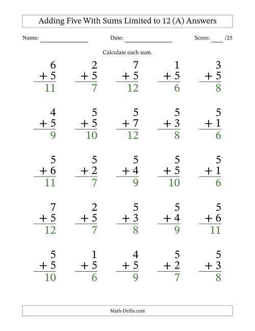 The 25 Vertical Adding 5's Questions with Sums up to 12 (A) Math Worksheet Page 2