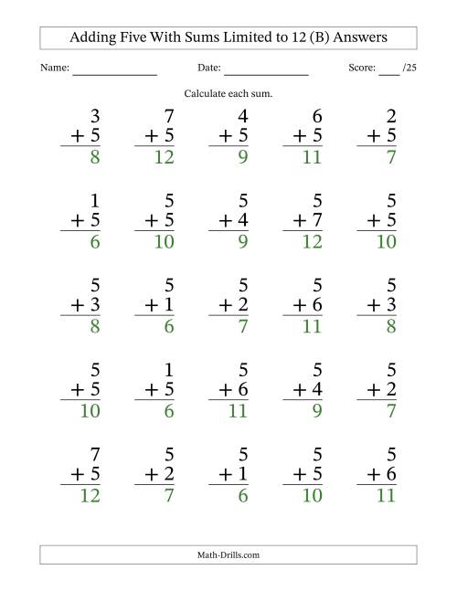 The Adding Five to Single-Digit Numbers With Sums Limited to 12 – 25 Large Print Questions (B) Math Worksheet Page 2