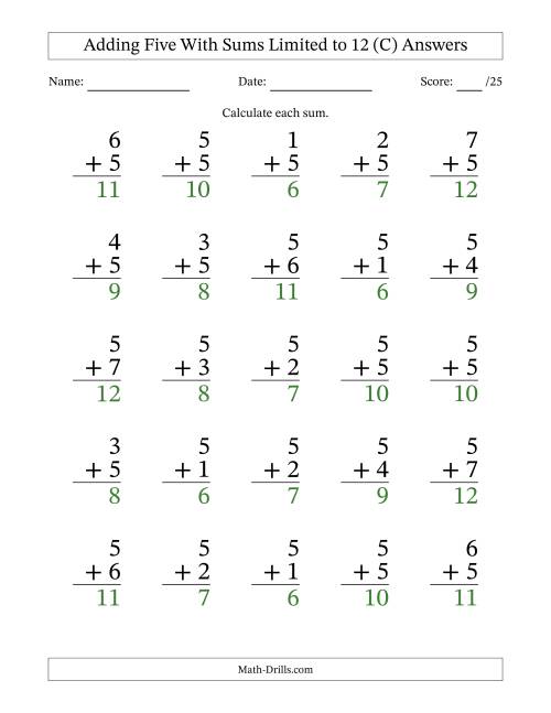 The Adding Five to Single-Digit Numbers With Sums Limited to 12 – 25 Large Print Questions (C) Math Worksheet Page 2