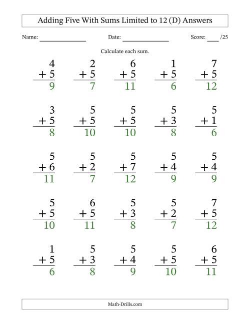 The Adding Five to Single-Digit Numbers With Sums Limited to 12 – 25 Large Print Questions (D) Math Worksheet Page 2