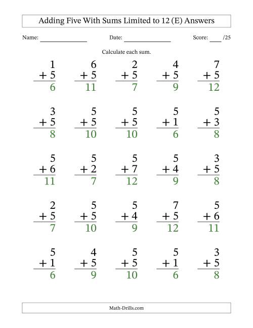 The Adding Five to Single-Digit Numbers With Sums Limited to 12 – 25 Large Print Questions (E) Math Worksheet Page 2