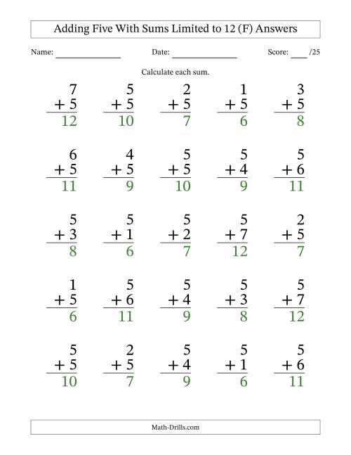 The Adding Five to Single-Digit Numbers With Sums Limited to 12 – 25 Large Print Questions (F) Math Worksheet Page 2