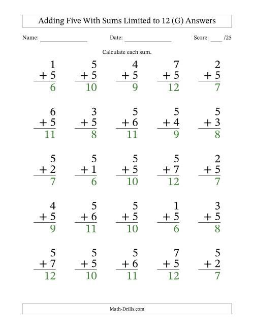 The Adding Five to Single-Digit Numbers With Sums Limited to 12 – 25 Large Print Questions (G) Math Worksheet Page 2