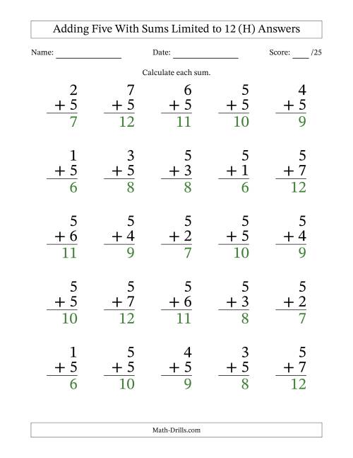 The Adding Five to Single-Digit Numbers With Sums Limited to 12 – 25 Large Print Questions (H) Math Worksheet Page 2