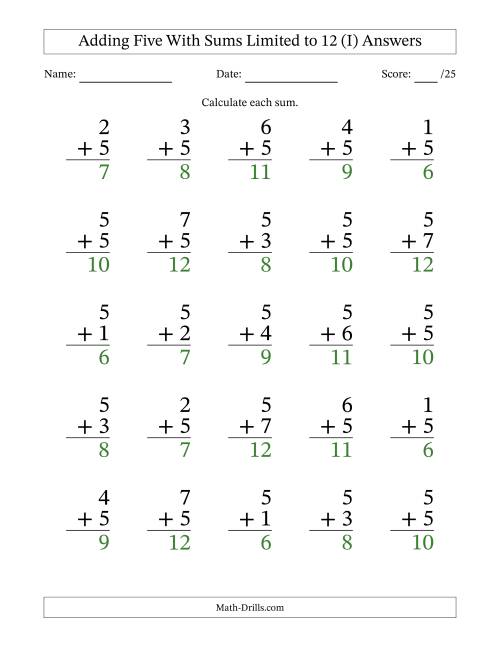 The Adding Five to Single-Digit Numbers With Sums Limited to 12 – 25 Large Print Questions (I) Math Worksheet Page 2