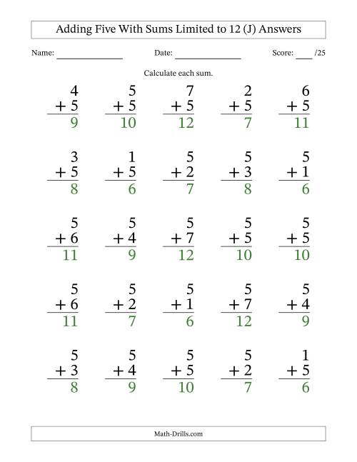 The Adding Five to Single-Digit Numbers With Sums Limited to 12 – 25 Large Print Questions (J) Math Worksheet Page 2