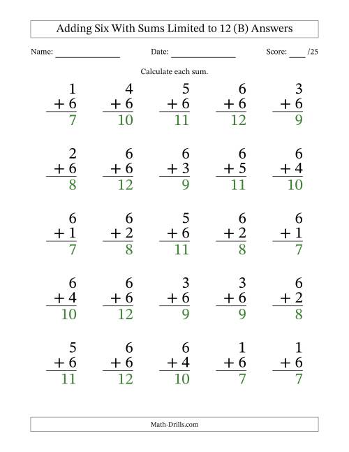 The 25 Vertical Adding 6's Questions with Sums up to 12 (B) Math Worksheet Page 2