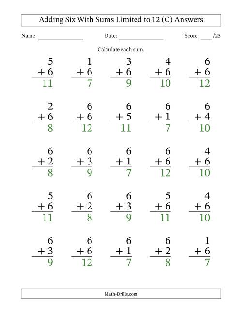 The 25 Vertical Adding 6's Questions with Sums up to 12 (C) Math Worksheet Page 2
