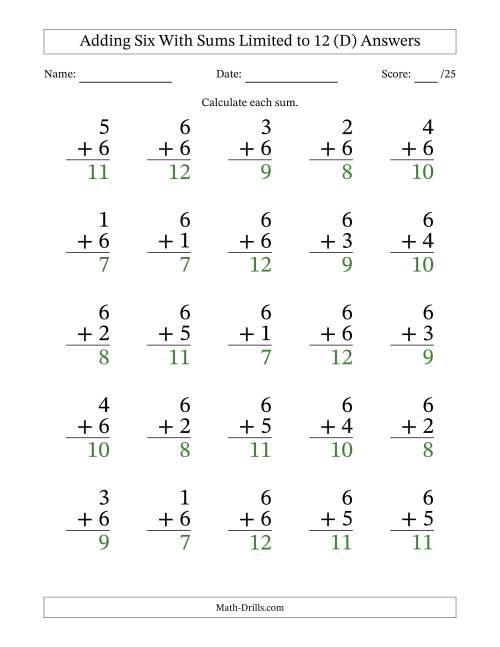 The Adding Six to Single-Digit Numbers With Sums Limited to 12 – 25 Large Print Questions (D) Math Worksheet Page 2