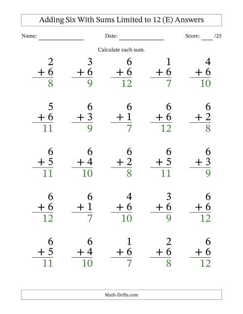 The 25 Vertical Adding 6's Questions with Sums up to 12 (E) Math Worksheet Page 2