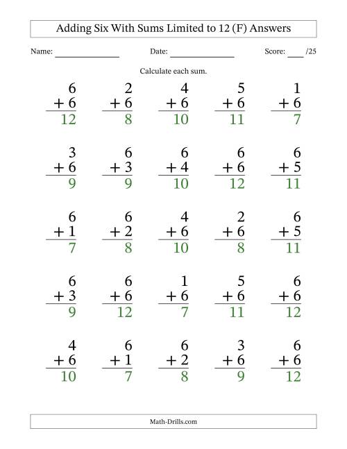 The 25 Vertical Adding 6's Questions with Sums up to 12 (F) Math Worksheet Page 2