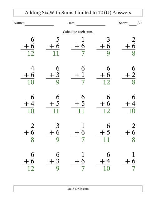 The Adding Six to Single-Digit Numbers With Sums Limited to 12 – 25 Large Print Questions (G) Math Worksheet Page 2